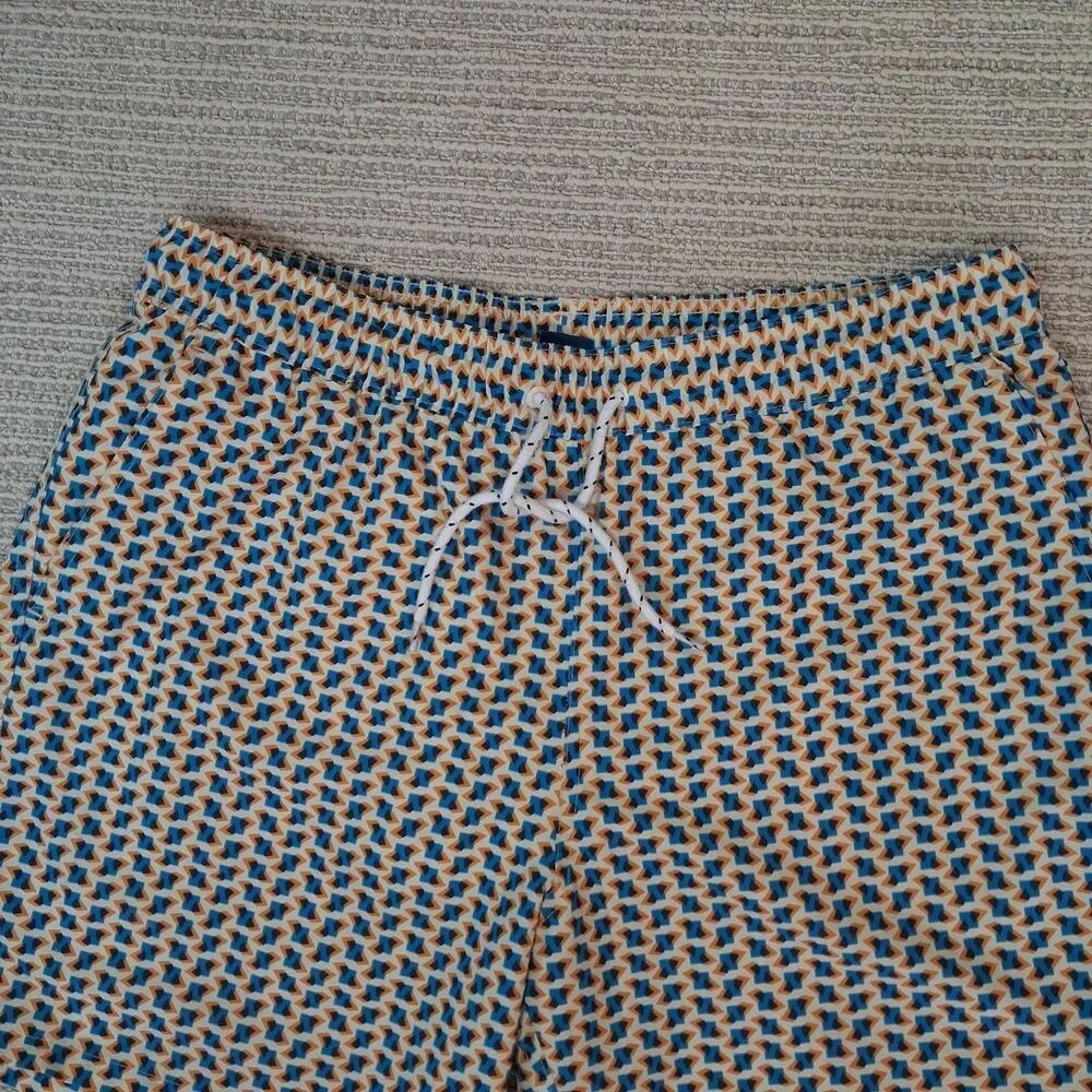 George Mens Swim Trunks L 36 38 Blue Orange Geometric Shorts Mesh Liner Quick...